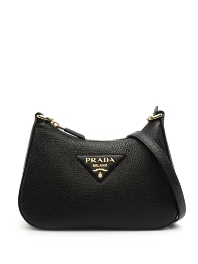 Prada Enamel-triangle Logo Leather Shoulder Bag In Black