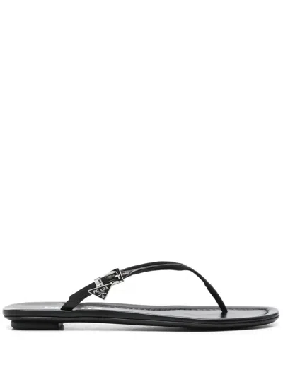 Prada Enamel Triangle-logo Slides In Black