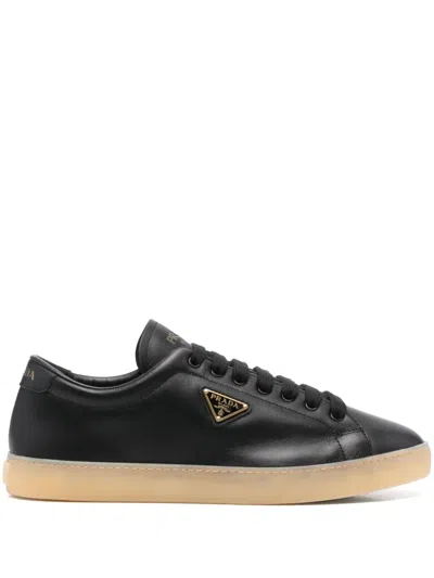 Prada Enamel Triangle-logo Sneakers In Black