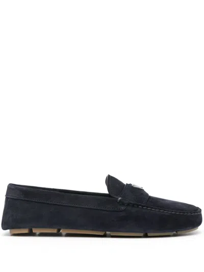 Prada Enamel Triangle Logo Suede Loafers In Blue