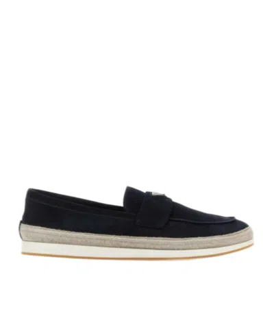 PRADA ENAMEL TRIANGLE-LOGO SUEDE LOAFERS