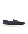 Prada Enamel Triangle Logo Suede Loafers In Blue