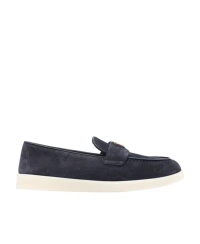 Prada Enamel Triangle Logo Suede Loafers In Blue