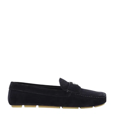 Prada Enamel-triangle-logo Suede Loafers In Blue