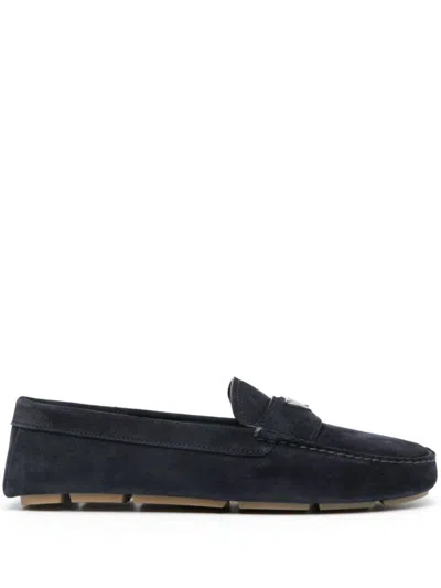 PRADA PRADA ENAMEL-TRIANGLE-LOGO SUEDE LOAFERS