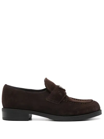 Prada Enamel Triangle-logo Suede Loafers In Moro