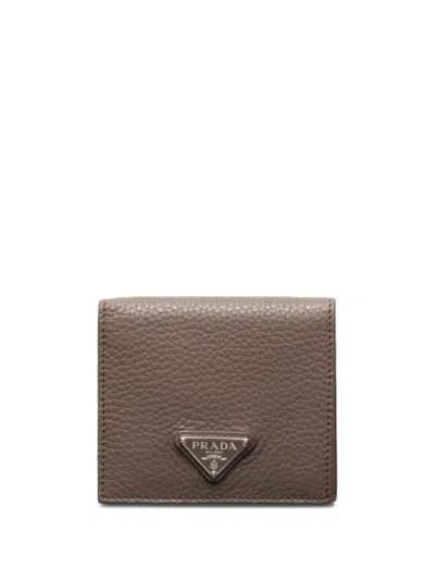 Prada Enamel Triangle-logo Wallet In Brown