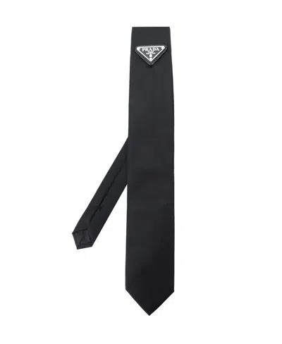 Prada Enamel-triangle Plaque Tie In Black