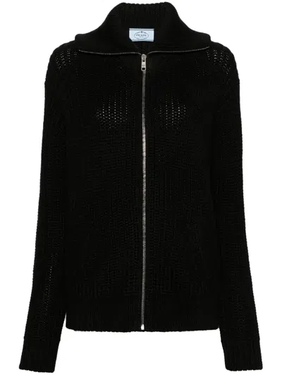 PRADA ENAMEL-TRIANGLE ZIP-UP CARDIGAN