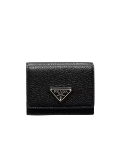 Prada Enamel Triangle-logo Wallet In Black