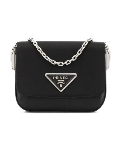 Prada Enamel Triangular Motif Shoulder Bag In Black