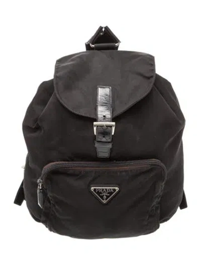 Pre-owned Prada Enameled Metal Triangle Backpack In Black