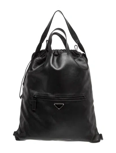 Pre-owned Prada Enameled Metal Triangle Backpack In Black