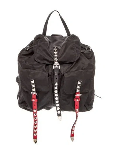Pre-owned Prada Enameled Metal Triangle Backpack In Black