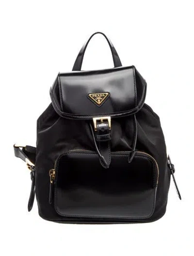 Pre-owned Prada Enameled Metal Triangle Backpack In Black