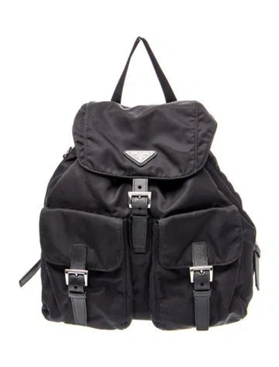 Pre-owned Prada Enameled Metal Triangle Backpack In Black