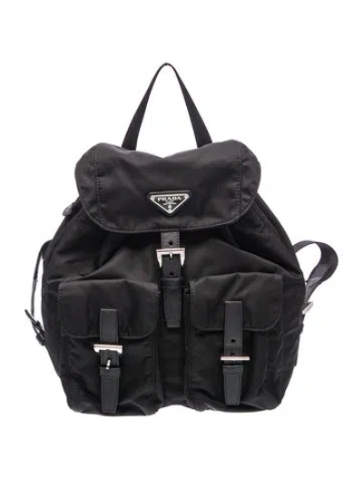 Pre-owned Prada Enameled Metal Triangle Backpack In Black