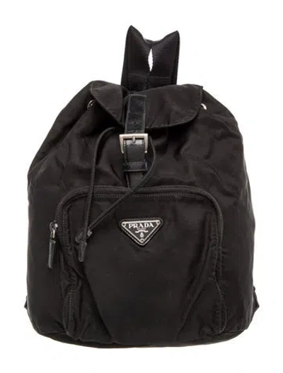Pre-owned Prada Enameled Metal Triangle Backpack In Black