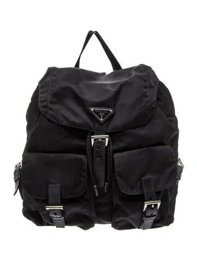 Pre-owned Prada Enameled Metal Triangle Backpack In Black