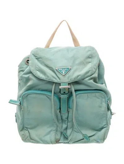 Pre-owned Prada Enameled Metal Triangle Backpack In Blue