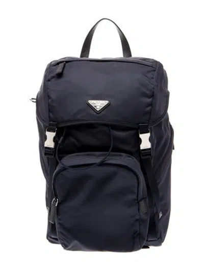 Pre-owned Prada Enameled Metal Triangle Backpack In Blue