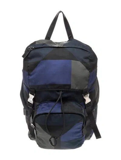 Pre-owned Prada Enameled Metal Triangle Backpack In Blue