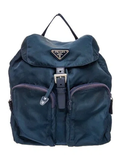Pre-owned Prada Enameled Metal Triangle Backpack In Blue