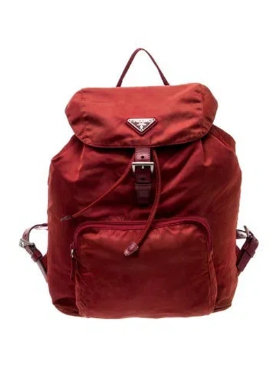 Pre-owned Prada Enameled Metal Triangle Backpack In Burgundy