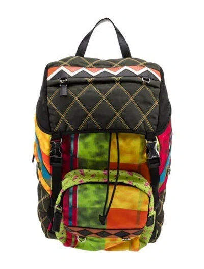 Pre-owned Prada Enameled Metal Triangle Backpack In Green