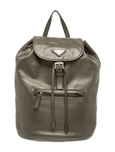Pre-owned Prada Enameled Metal Triangle Backpack In Green