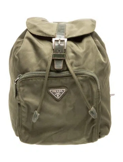 Pre-owned Prada Enameled Metal Triangle Backpack In Green