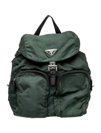 Pre-owned Prada Enameled Metal Triangle Backpack In Green