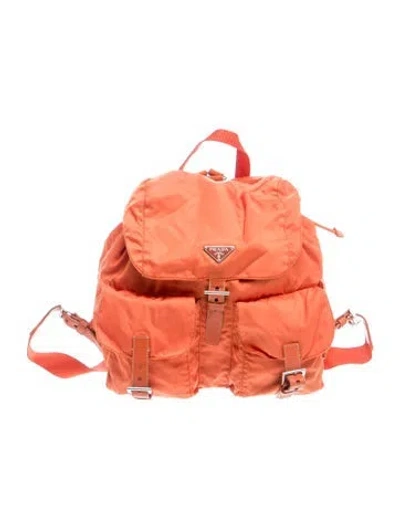 Pre-owned Prada Enameled Metal Triangle Backpack In Orange