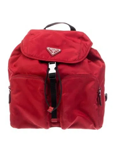 Pre-owned Prada Enameled Metal Triangle Backpack In Red