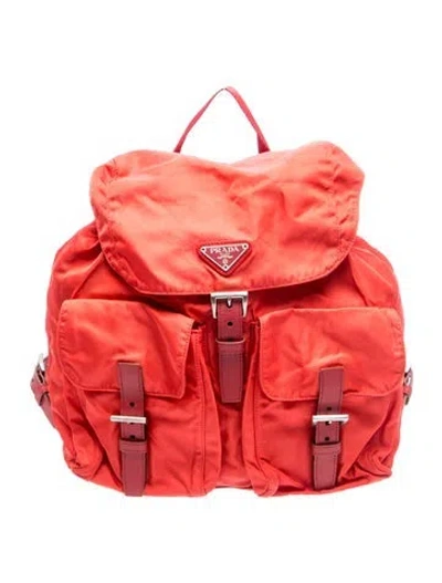 Pre-owned Prada Enameled Metal Triangle Backpack In Red