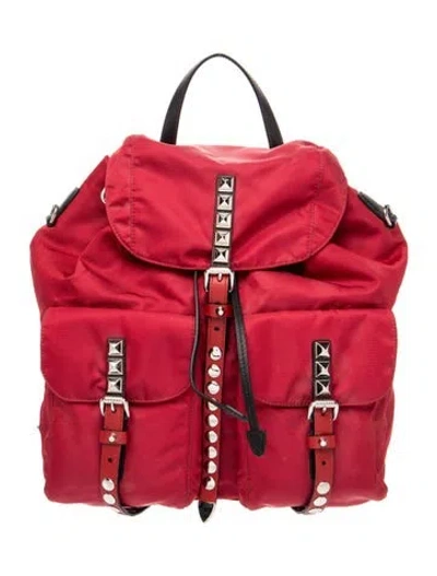 Pre-owned Prada Enameled Metal Triangle Backpack In Red