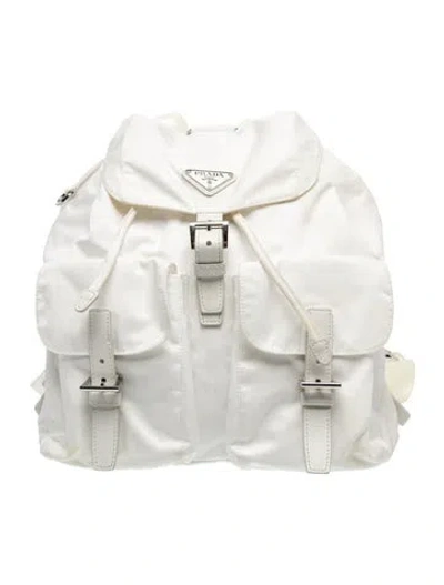 Pre-owned Prada Enameled Metal Triangle Backpack Small In White