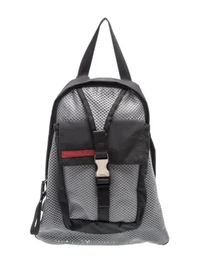 Pre-owned Prada Enameled Metal Triangle Backpack In White