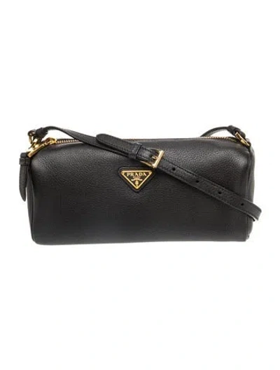 Pre-owned Prada Enameled Metal Triangle Black Leather Pouch Shoulder Bag 2024
