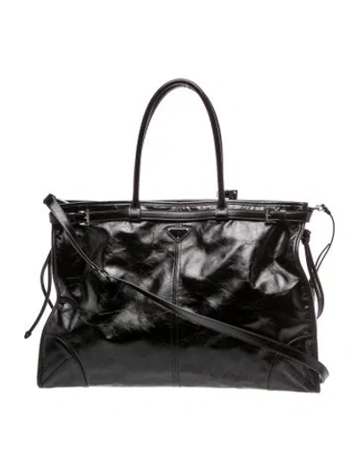 Pre-owned Prada Enameled Metal Triangle Bonnie Tote Bag In Black