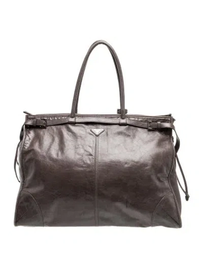 Pre-owned Prada Enameled Metal Triangle Bonnie Tote Xl In Gray
