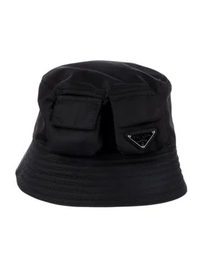 Pre-owned Prada Enameled Metal Triangle Bucket Hat In Black
