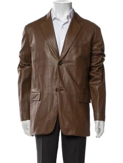 Pre-owned Prada Enameled Metal Triangle Calf Leather Jacket In Brown