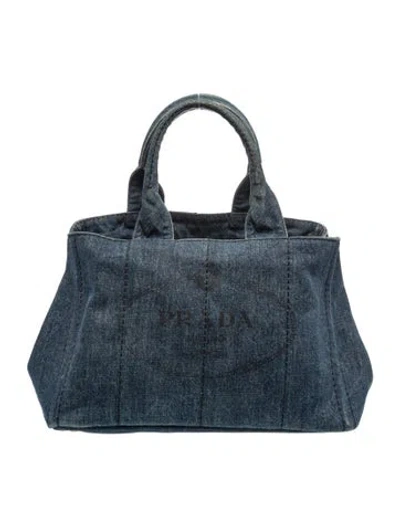 Pre-owned Prada Enameled Metal Triangle Canapa Denim Tote Bag In Blue
