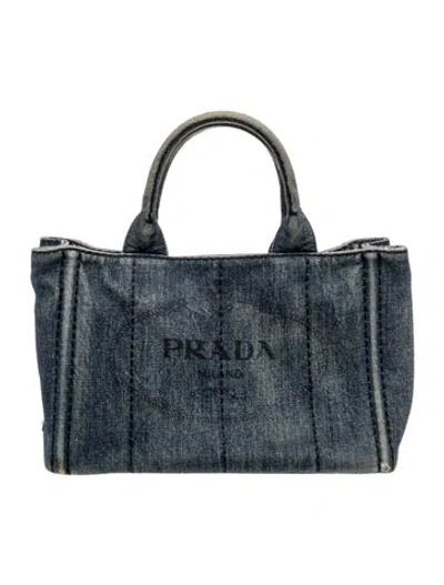 Pre-owned Prada Enameled Metal Triangle Canapa Denim Tote Bag In Grey