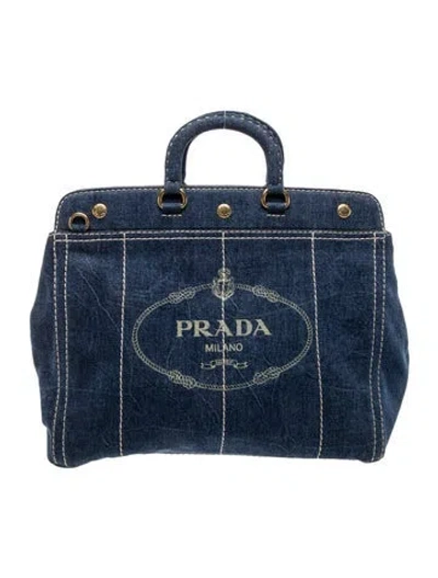 Pre-owned Prada Enameled Metal Triangle Canapa Logo Denim Tote In Blue