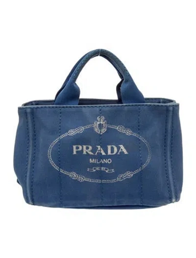 Pre-owned Prada Enameled Metal Triangle Canapa Logo Tote Small In Blue