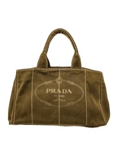 Pre-owned Prada Enameled Metal Triangle Canapa Tote In Green