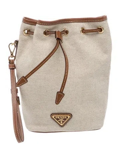 Pre-owned Prada Enameled Metal Triangle Canvas & Leather Pouch In Neutrals