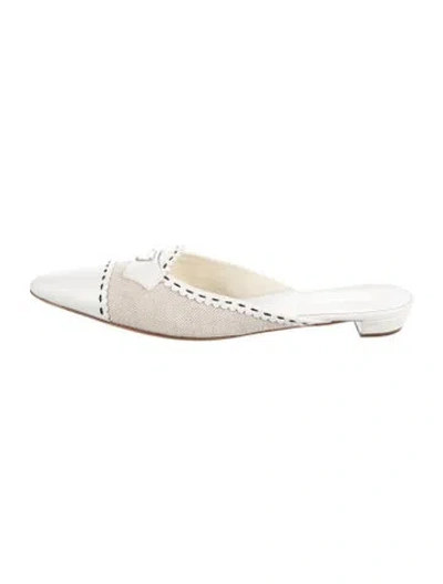 Pre-owned Prada Enameled Metal Triangle Canvas Mules In Neutral